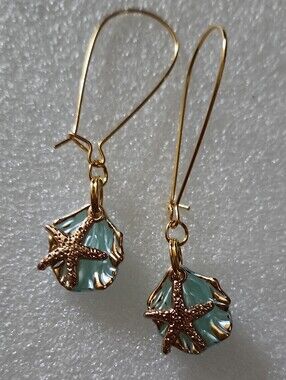 Hand Crafted Gold Starfish Teal Drop Earrings